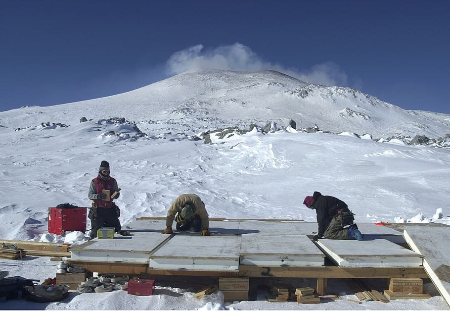 antarctica, men, working, winter, snow, ice, icy, equipment, sky, mountain