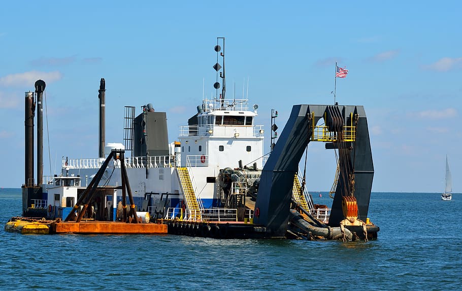 white, gray, oil drilling machine, sea, dredger, boat, business, water, industry, vessel