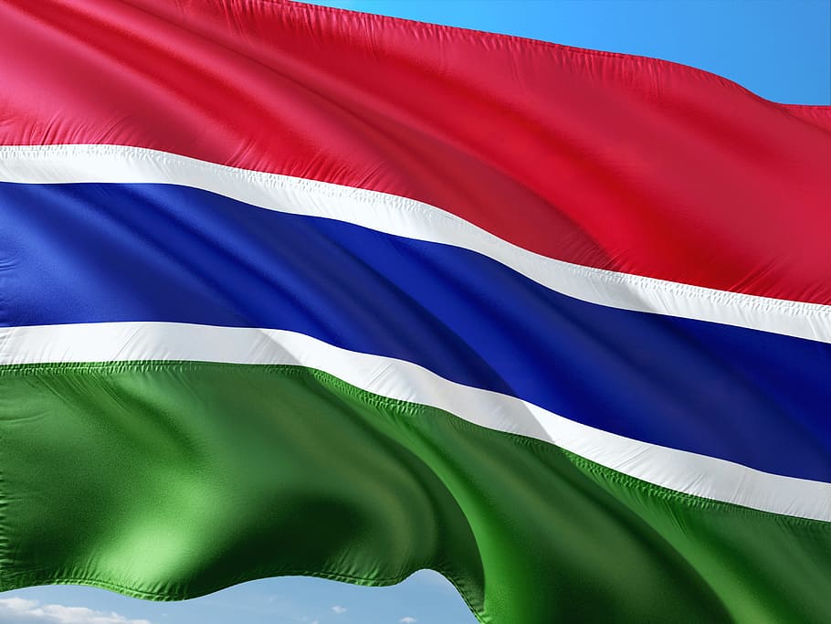 国際, 旗, ガンビア, 西アフリカ, 青, 背景, 愛国心, 繊維, 手を振っている, 緑色