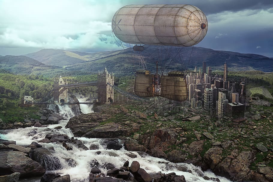 steampunk, balloonaerostat, flying, landscape, fantasy, fantasy landscape, mountains, river, city, bridge