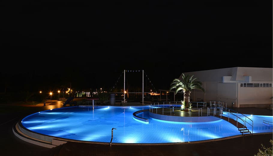 swimming, pool, night, hotel, evening, hospitality, water, outdoor, luxury, architecture