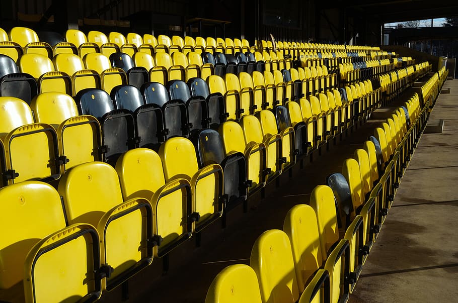 yellow, black, steel chairs, Chairs, Grandstand, Fans, Club, attendance, background, sports