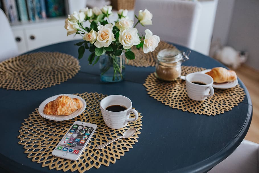 flowers, table, coffee, golden, breakfast, blue, decor, design, mat, Round