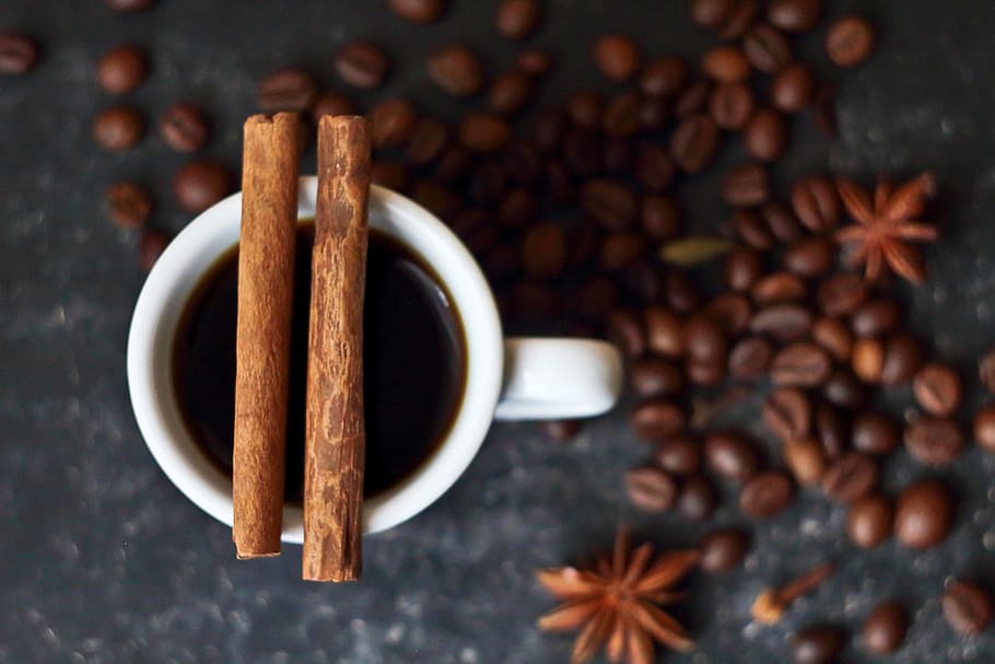 two, brown, cinnamon sticks, white, ceramic, mug, coffee, cinnamon, spices, drink coffee