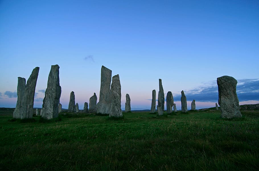 landscape photography, stones, green, grass, highland, rocks, stone, monument, blue, sky