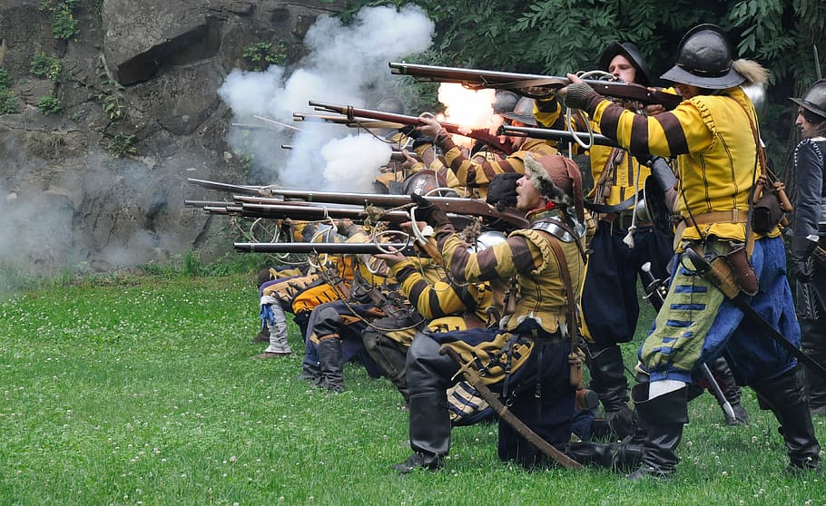 group, men, holding, rifles, battle, historical battle, shooting, historical costume, muskets, war