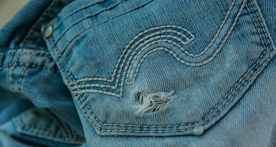 blue denim bottoms, pants, jeans, old, worn, hole, denim, textile, blue, clothing