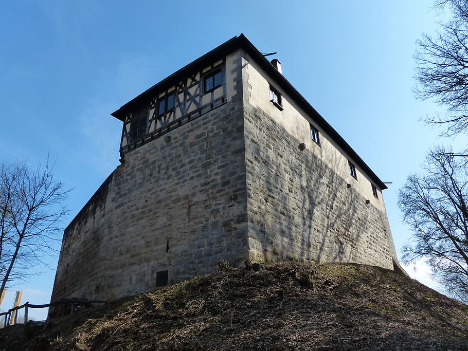 castle wäscherburg, washer lock, castle, scrubber hof, wäschenbeuren, building, architecture, built structure, sky, low angle view