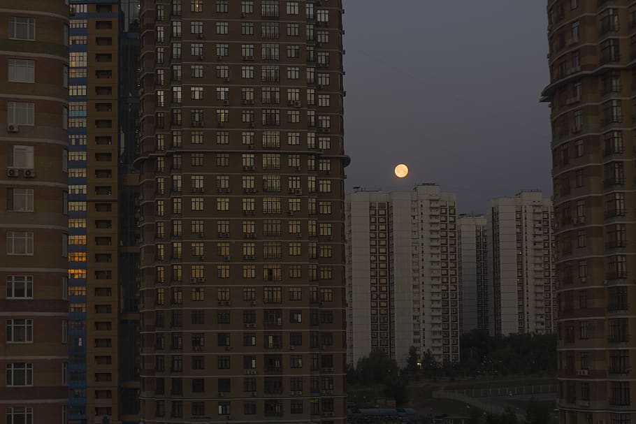 moscow, strogino, moon, at home, dawn, fantasy, building, architecture, building exterior, built structure