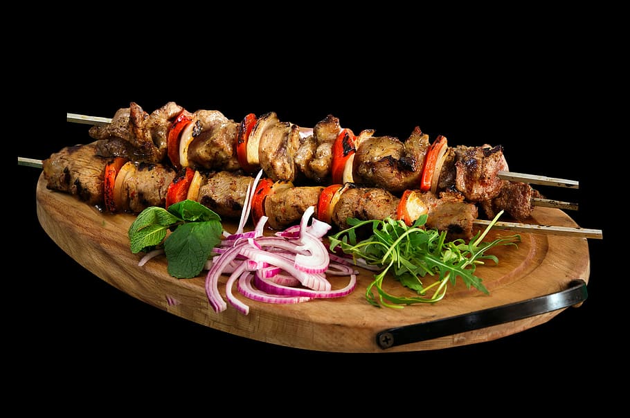 churrascos de kebab, marrom, de madeira, bandeja, espeto, kebab, churrasco, comida, carne, restaurante