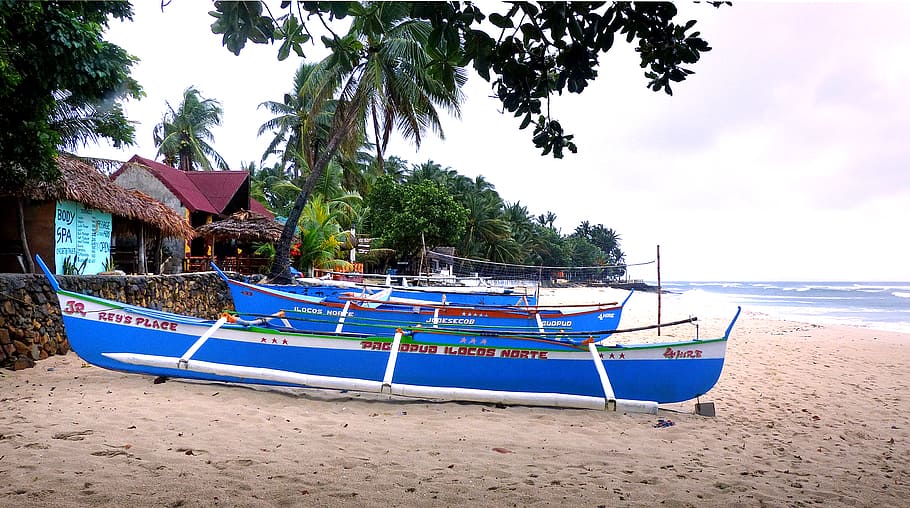 Azul, barcos, Filipinas, barco azul na beira-mar, de praia, árvore, agua, terra, areia, embarcação náutica