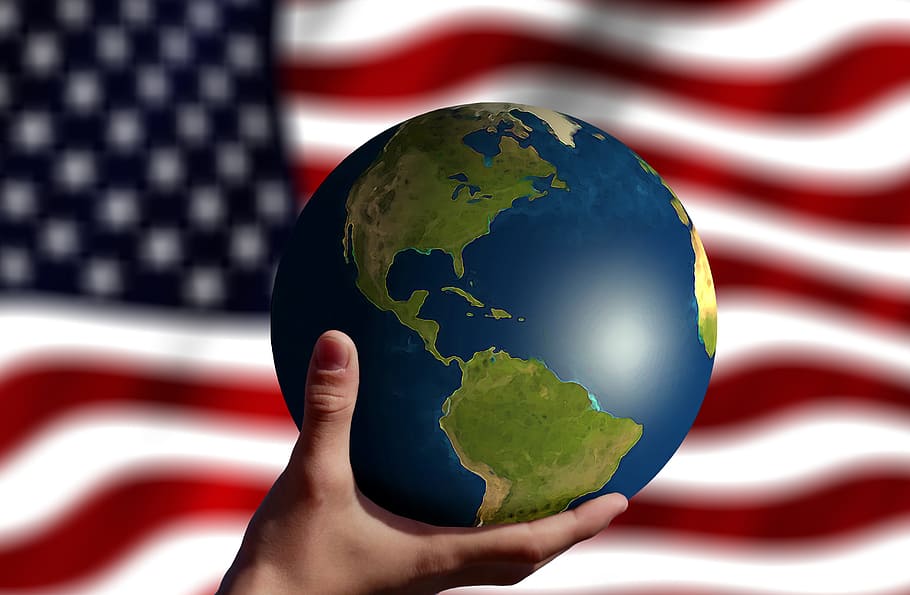 amerika, globe, kekuatan, kekuatan dunia, tanggung jawab, tangan, tetap, sekarang, amerika serikat, bendera