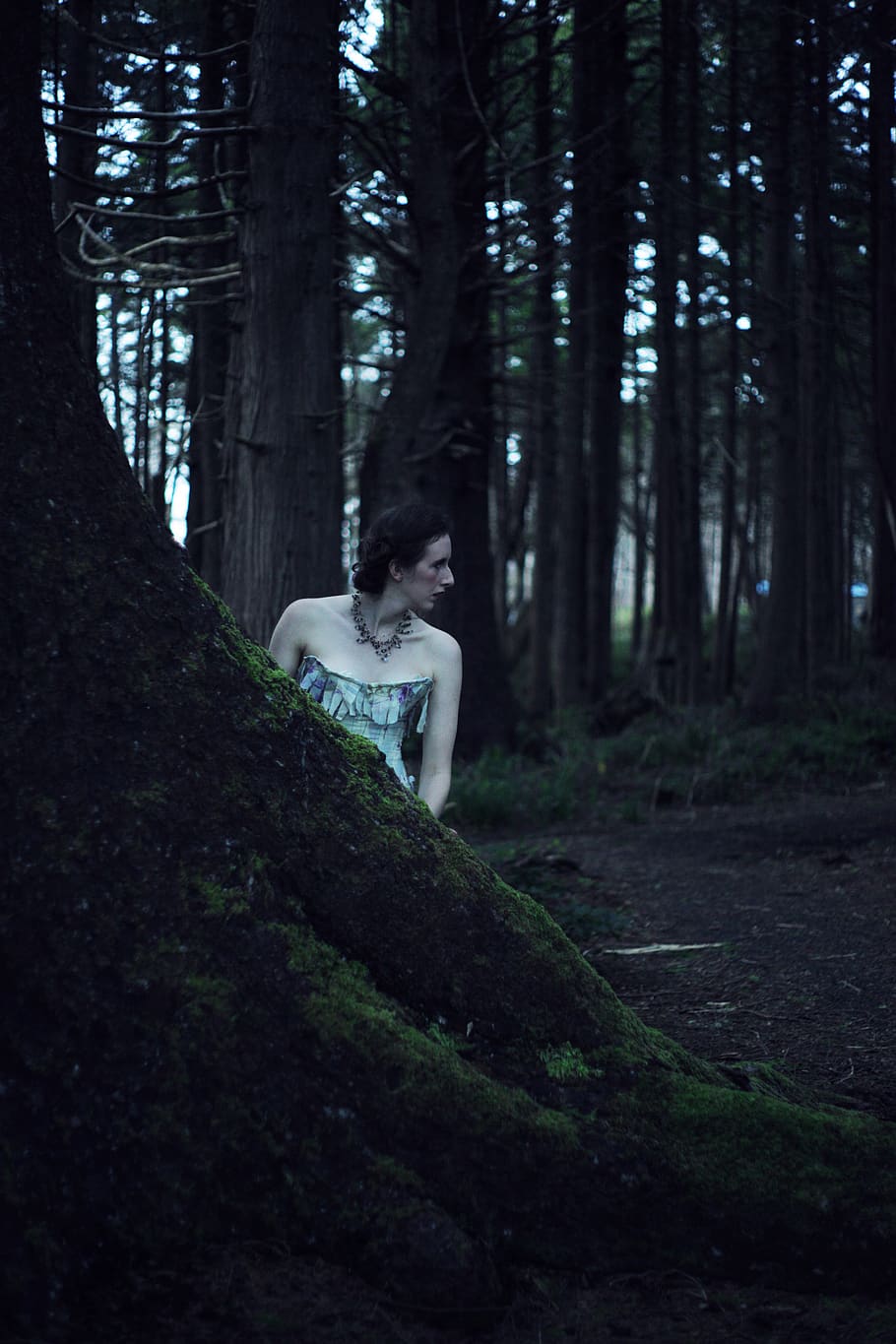 niña, mujer, bosque, noche, espeluznante, sombrío, aterrador, atmósfera, estado animico, misterioso