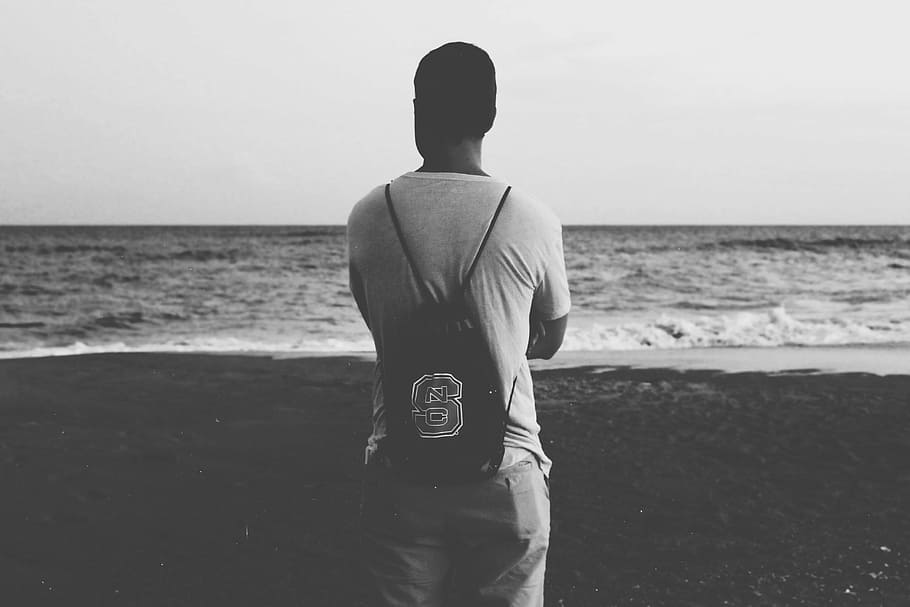 grayscale photography, man, standing, seashore, gray, scale, guy, male, people, back
