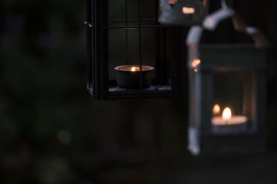tealight candles, black, candle lanterns, selective, focus, photography, two, gray, tealight, lanterns