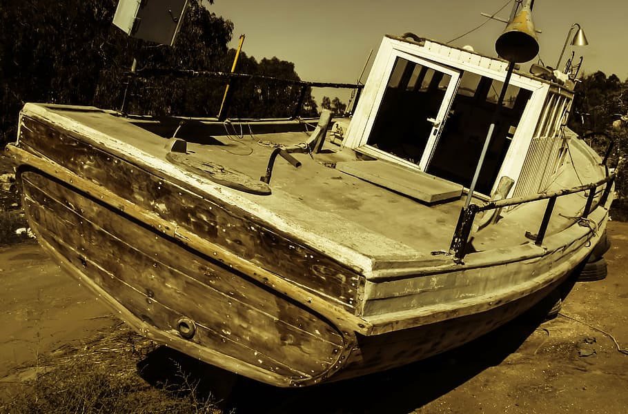 boat, old, abandoned, aged, weathered, withdrawal, retirement, potamos liopetri, cyprus, mode of transportation