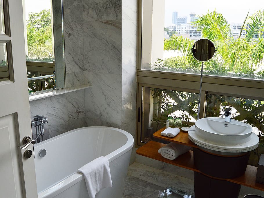 bath tub, glass window, vanity, sink, hotel, bathroom, luxury, room, bath, mirror
