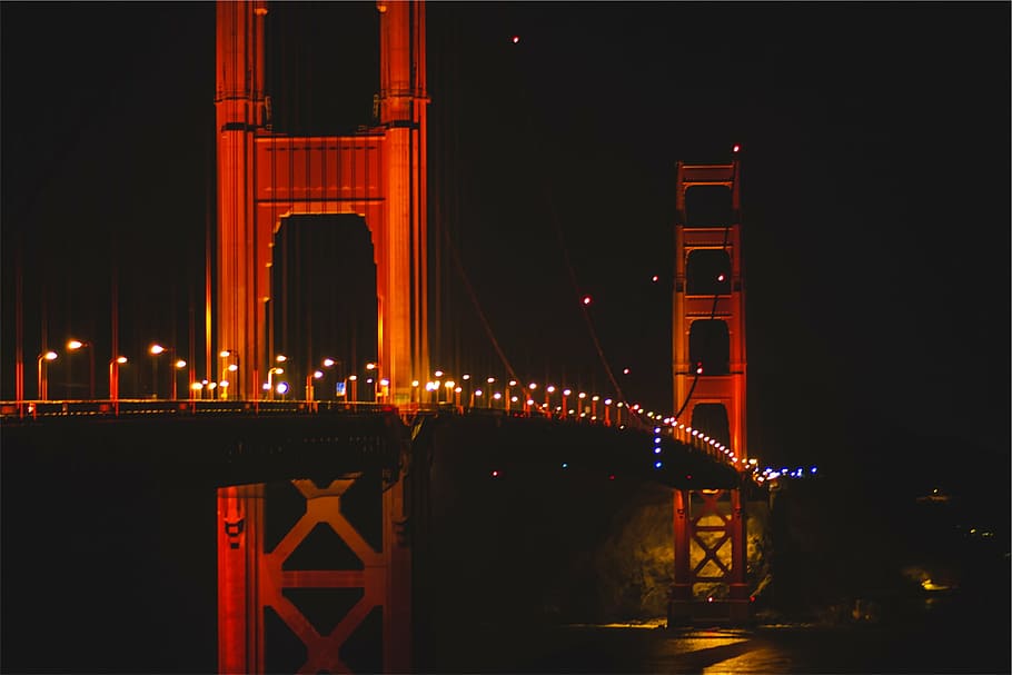 lighted, bridge, nighttime, golden, gate, Golden Gate Bridge, San Francisco, architecture, night, dark
