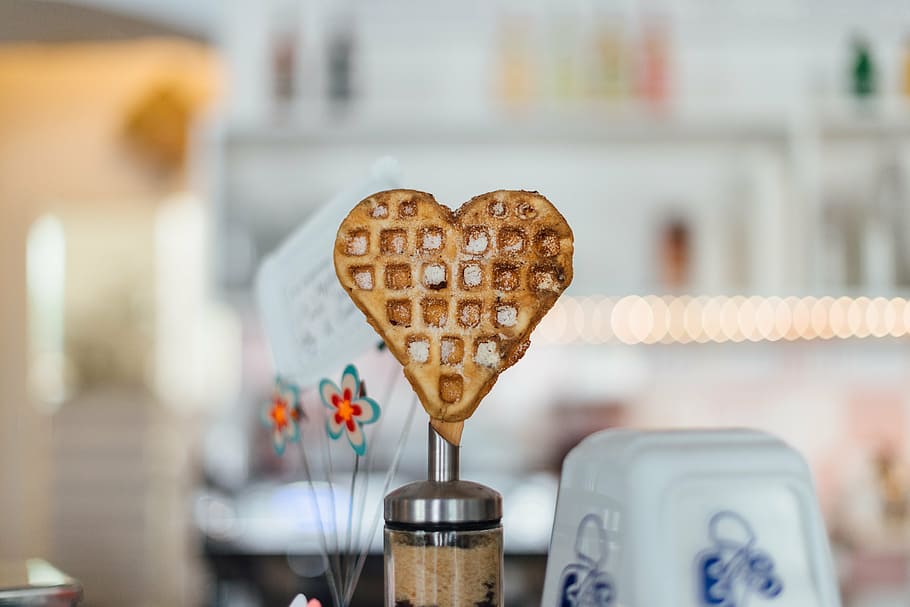heart waffle, top, gray, stainless, steel container, brown, heart, shaped, waffle, breakfast
