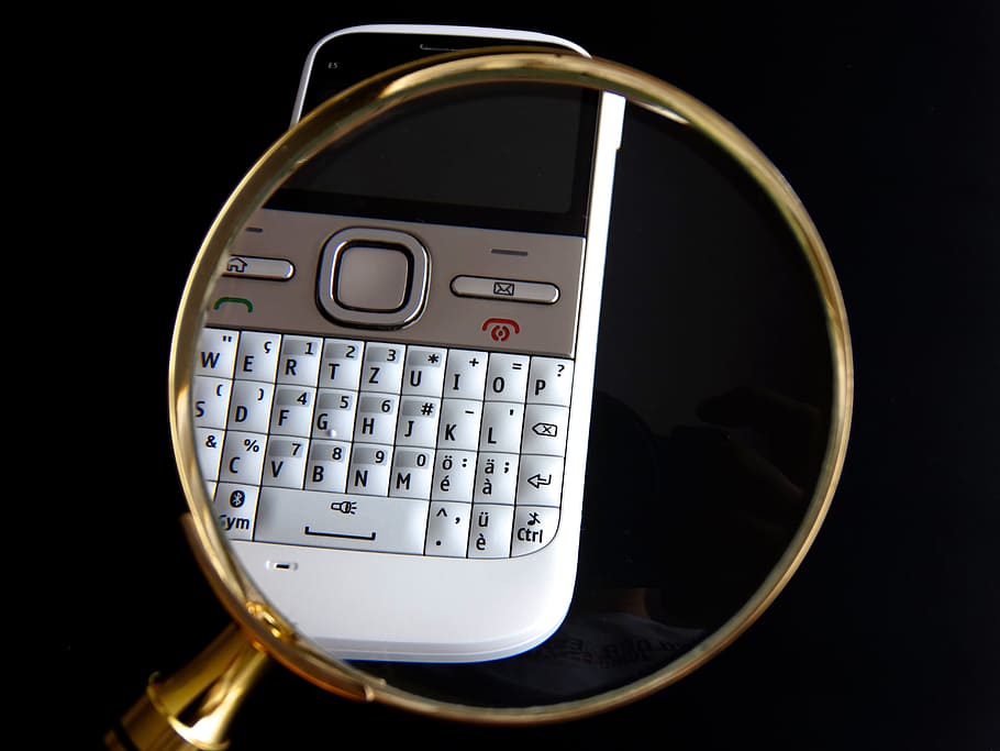 white, qwerty phone, black, surface, mobile, natel, magnifying glass, data search, search, to find