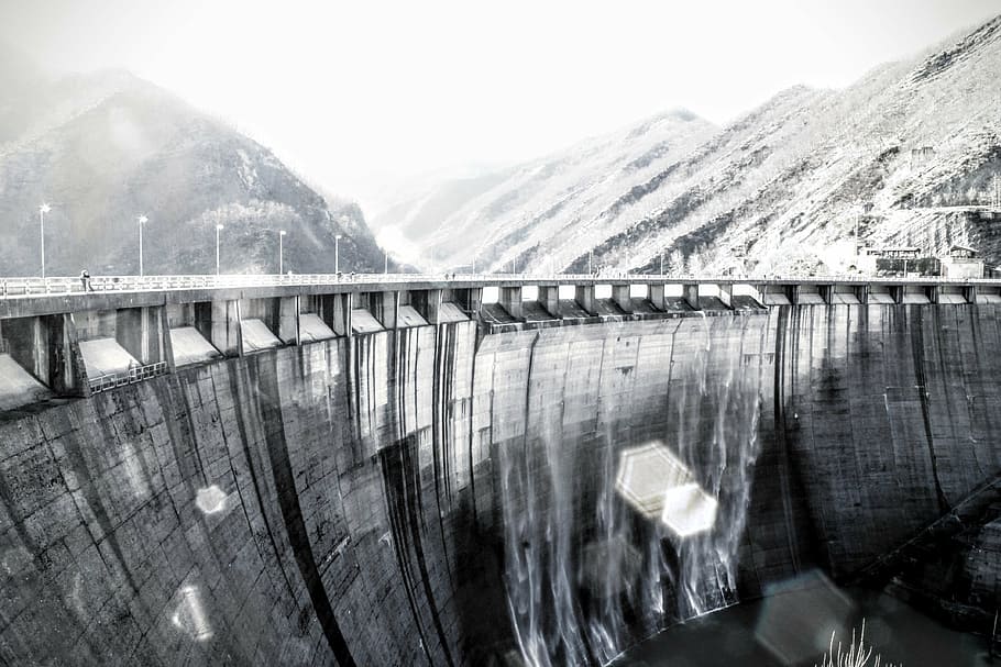 grayscale photo, water dam, gray, scale, photography, bridge, dam, water, building, structure