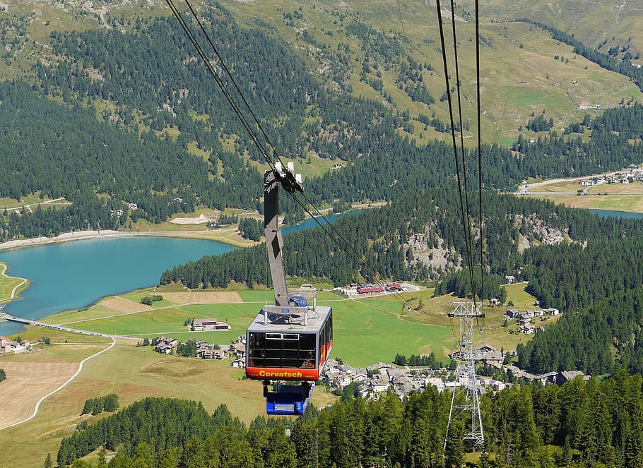 cable car, corvatsch, silvaplana, encounter, cabin, mast, carrier, suspension wires, wire rope, engadin
