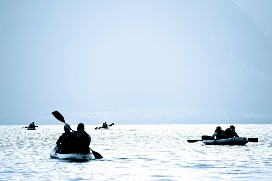 four, people, riding, boat paddling, sea, daytime, eight, kayak, sky, ocean