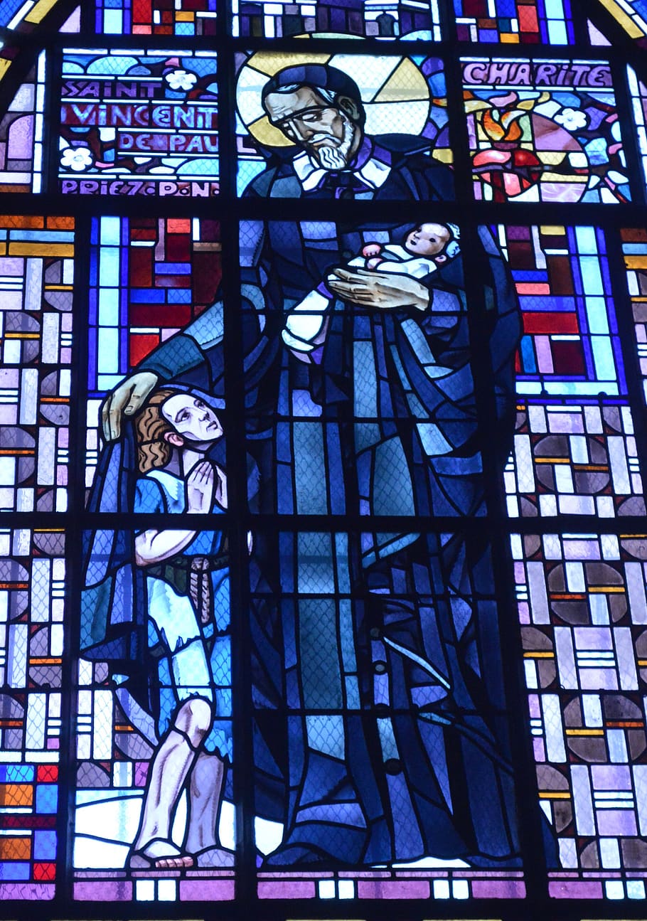 stained glass, window, church, saint, man, vincent de paul, lazariste, poor, children, orphans