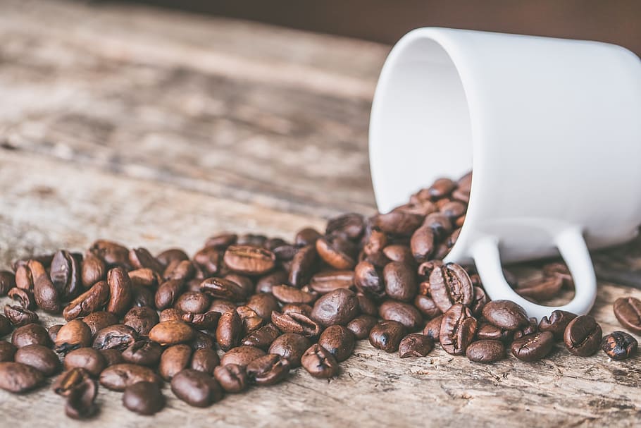 white, ceramic, mug, brown, coffee beans, wooden, board, background, bean, black coffee