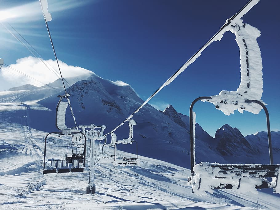 teleférico, esqui, snowboard, montanhas, neve, frio, inverno, luz do sol, azul, céu
