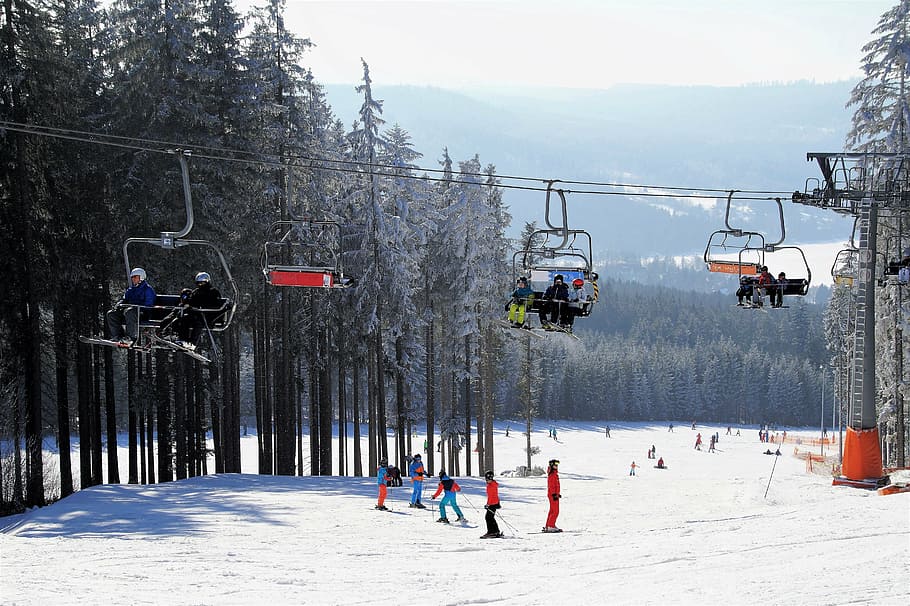 people, riding, cable cars, daytime, skiing area, chair lift, skiers, ski resort, winter sport, winter
