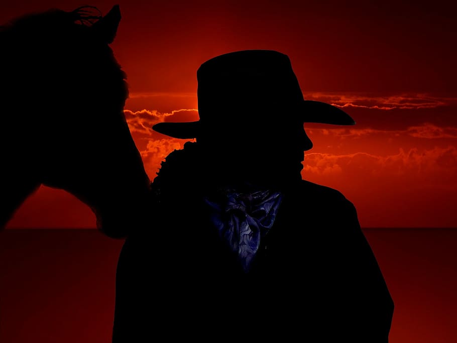 silhouette, cowboy, horse, west, ride, usa, wild west, mood, background, atmosphere