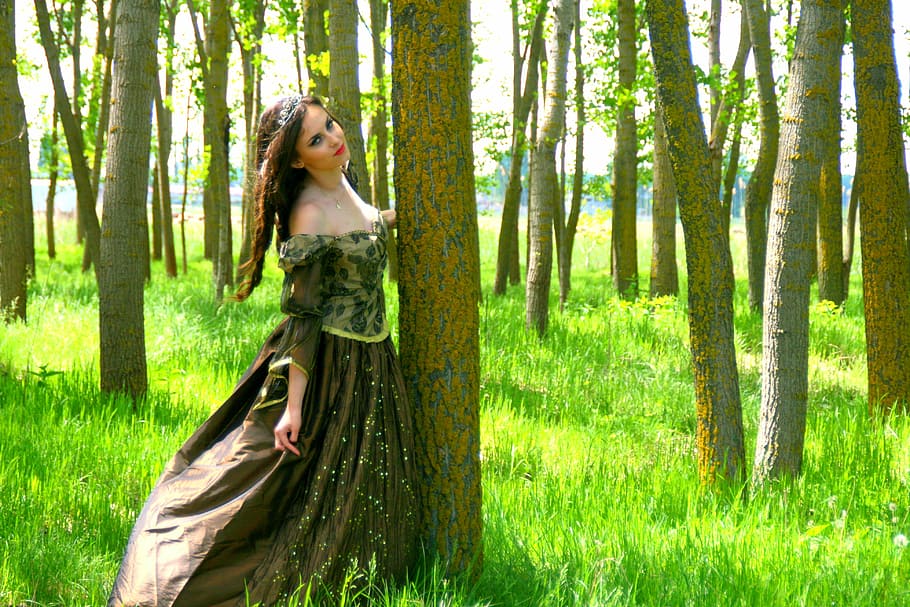 woman, wearing, brown, floral, dress, standing, tree, girl, princess, forest