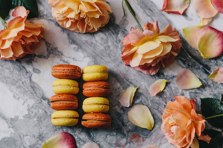 overhead, view, macarons, marble slab, Overhead view, marble, slab, roses, yellow, sweet