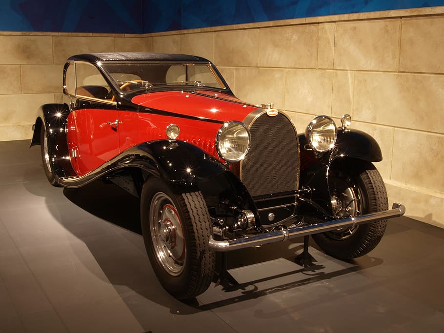 사진, 권위있는, 빨간, 검은, 차, 부가티, 1932, 자동차, 차량, 기계