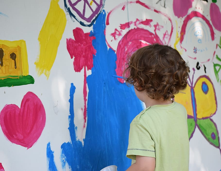 어린이 그림, 벽, 그림, 어린이, 벽화, 색상, 페인트, 틀, 어린 시절, 미술 및 공예