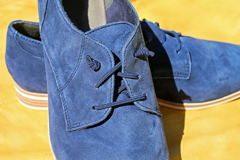 pair, blue, suede shoes, shoe, leather, suede shoe, shoelace, knot, knotted, shoelaces