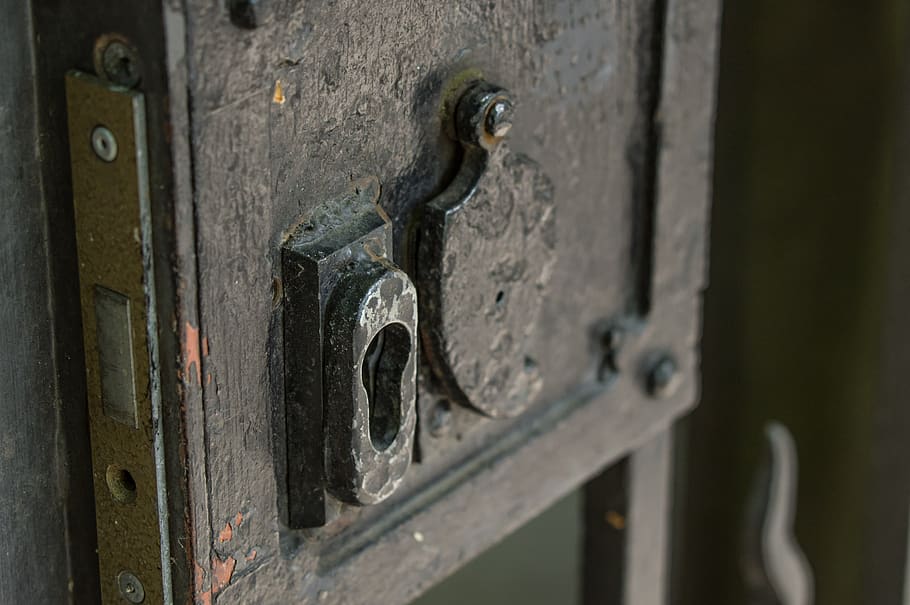 cerradura de puerta, cerrar, entrada, hierro, viejo, metal, puerta vieja, oxidado, berlín, Puerta