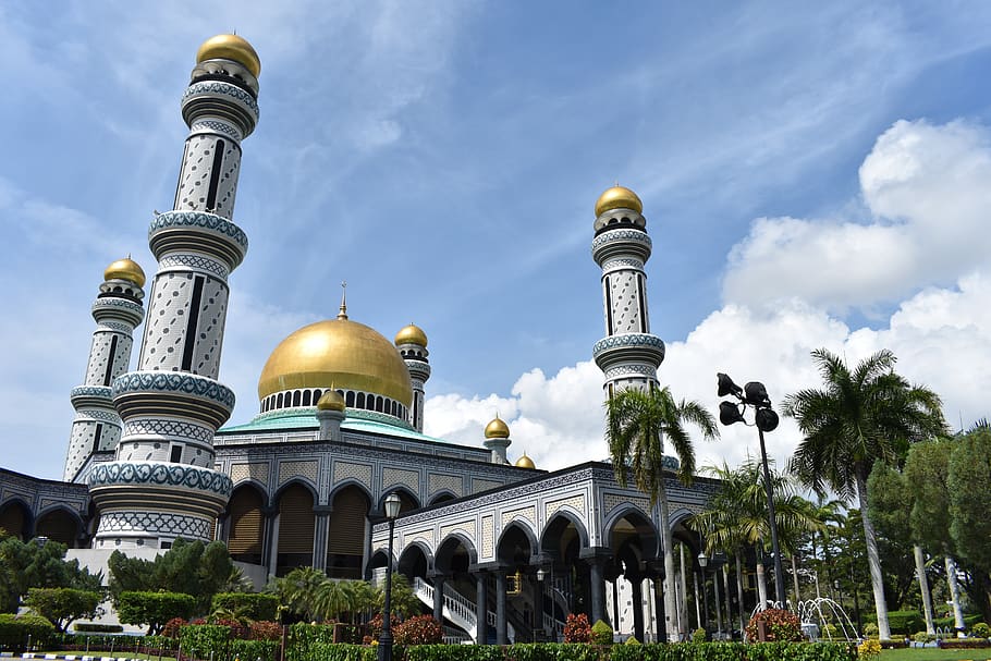 jame' asr hassanil bolkiah mosque, bandar seri begawan, brunei, asia, travel, sky, mosque, islam, faith, worship