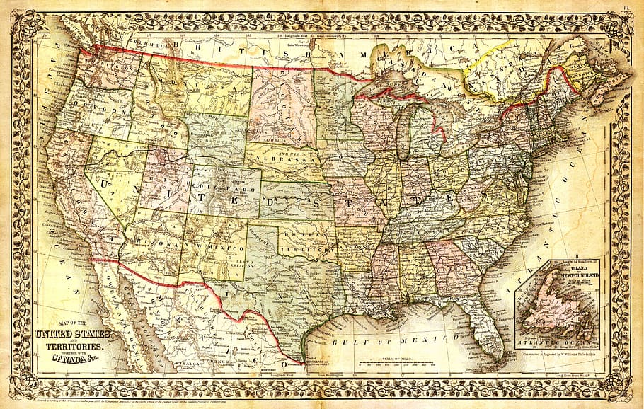 карта США, карта Соединенных Штатов, карта Северной Америки, карта, старая карта, античная карта, США, Северная Америка, старый, античный