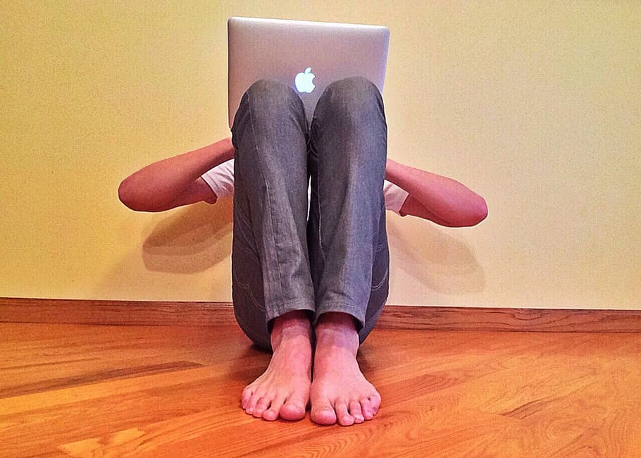 Laptop, Surfing, Person, young, barefoot, low section, hardwood floor, one person, people, indoors