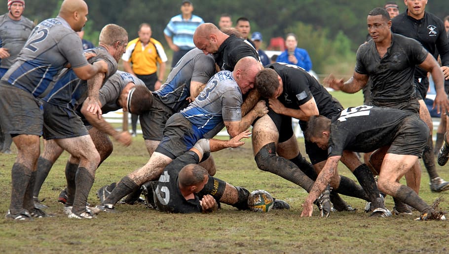 grupo, homens, jogando, rugby, campo de lama, dia, futebol, esporte, jogo, equipes