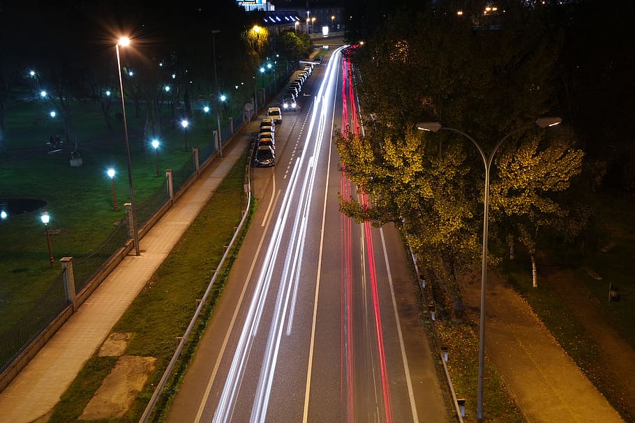 foto timelapse, jalan raya, lalu lintas, lampu, mobil, jalan, jalan-jalan, malam hari, pengangkutan, malam