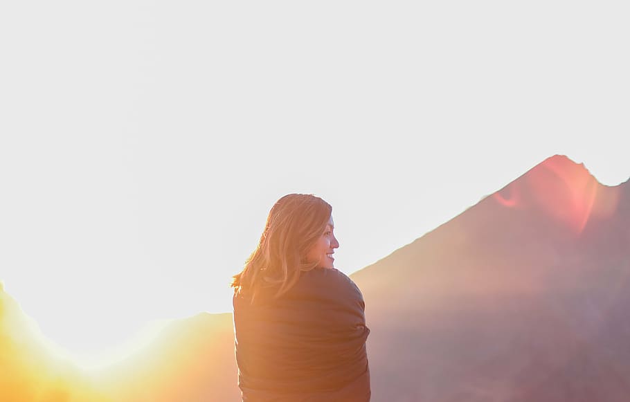 woman, standing, mountain, photography, blonde, hair, taking, front, sunrise, girl