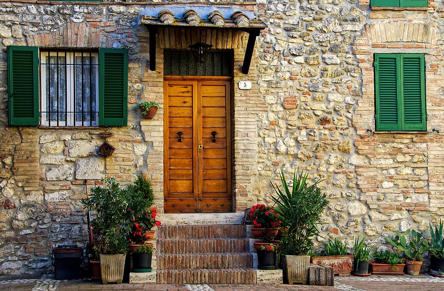 coklat, beton, rumah, kayu, pintu, casa antica, abad pertengahan, san gemini, umbria, italia