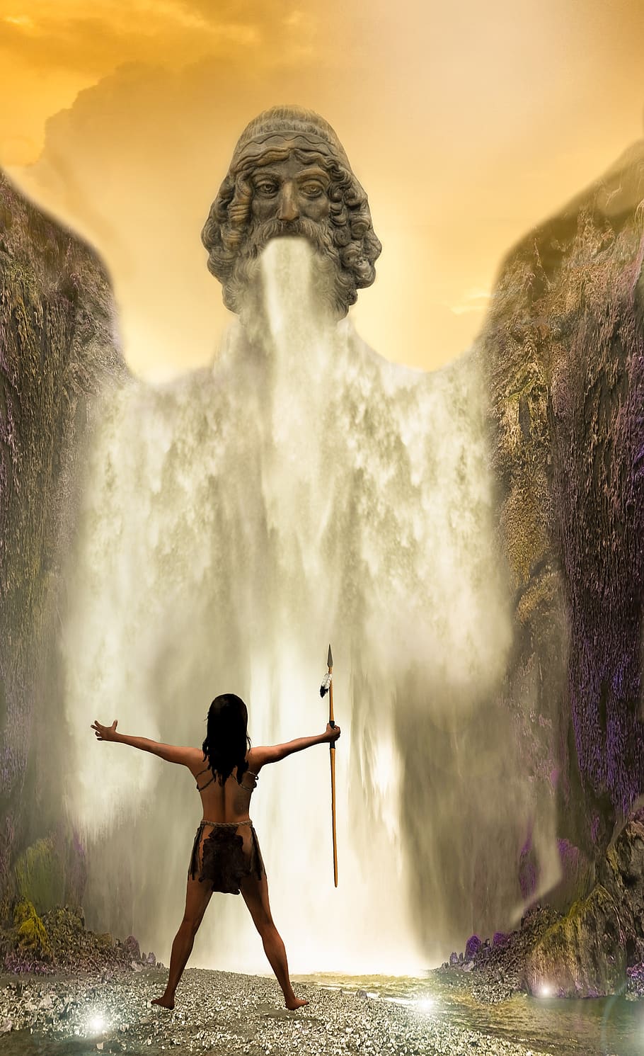 waterfall, water, girl, warrior, river, lights, fantasia, motion, lifestyles, real people