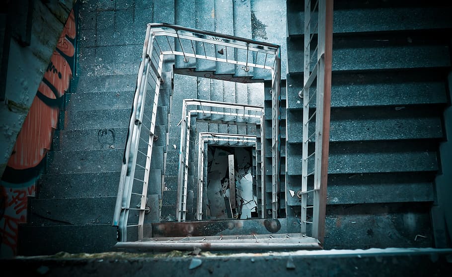 grey stairways, lost places, factory, old, lapsed, building, stairs, staircase, railing, gradually