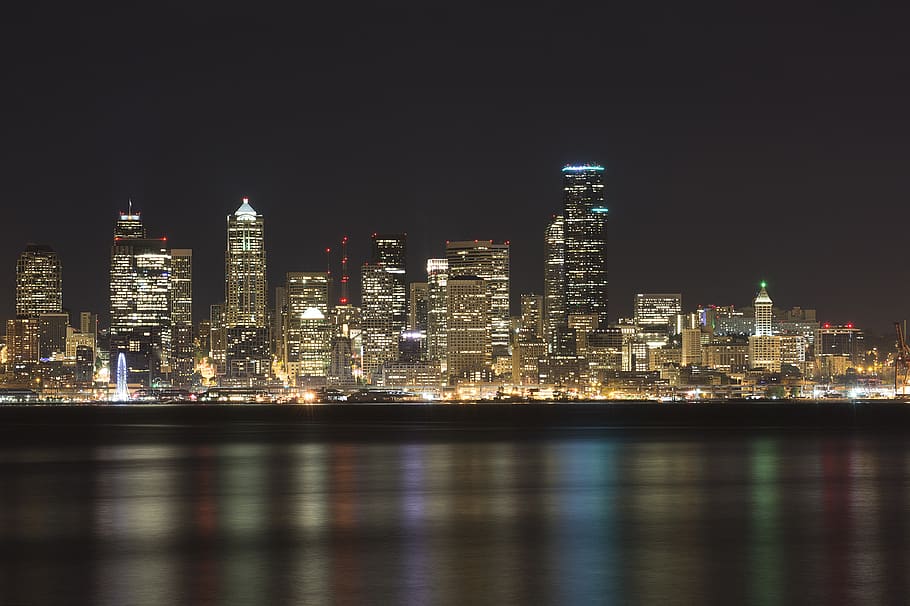 long exposure, waterfront, colors, water colors, reflections, seattle, downtown, architecture, buildings, city