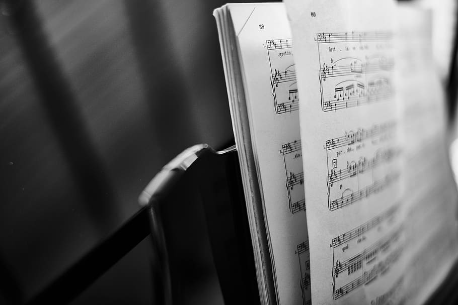 music book, depth of field, music, music notations, musical notes, pages, paper, selective focus, close-up, text
