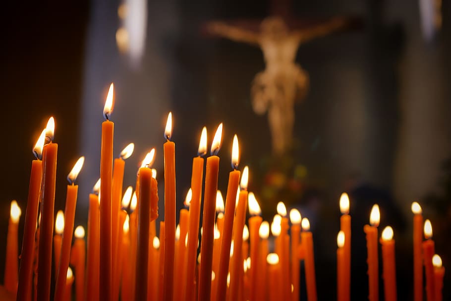 lighted, candle, crucifix photo, candles, faith, reflection, cross, prayer candles, light, church